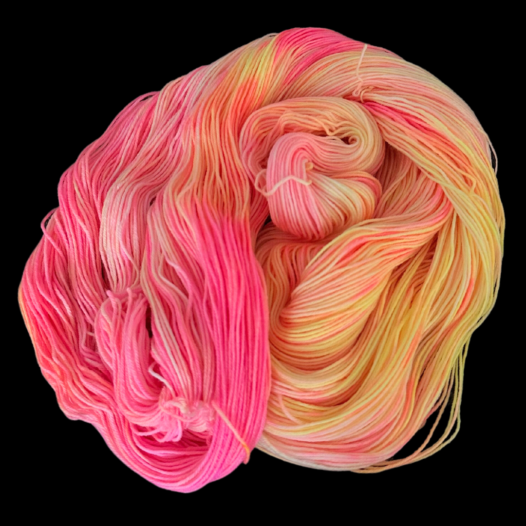 Bright Yellow, Orange, and Pink Variegated Hand Dyed Sock Yarn - One of a Kind