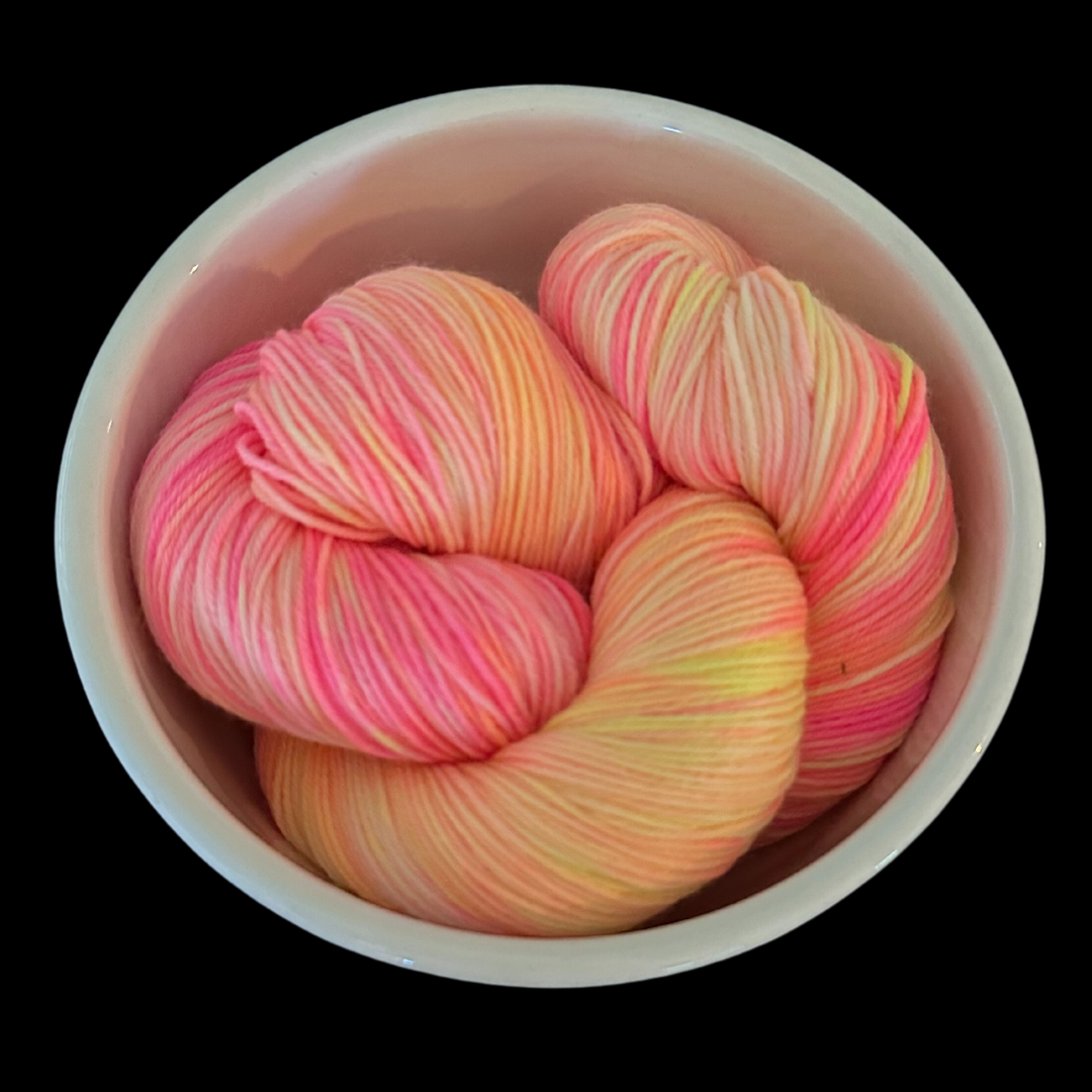 Bright Yellow, Orange, and Pink Variegated Hand Dyed Sock Yarn - One of a Kind