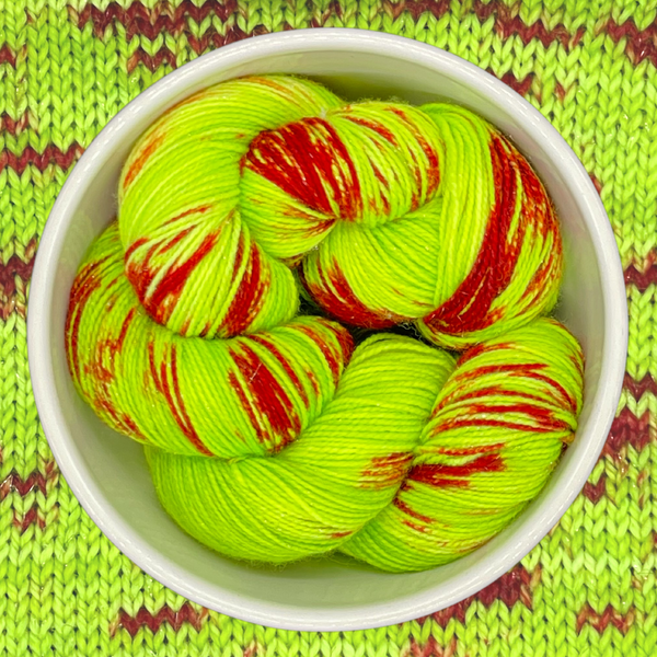 Grinch - Hand dyed christmas yarn, Green Chartreuse black spots